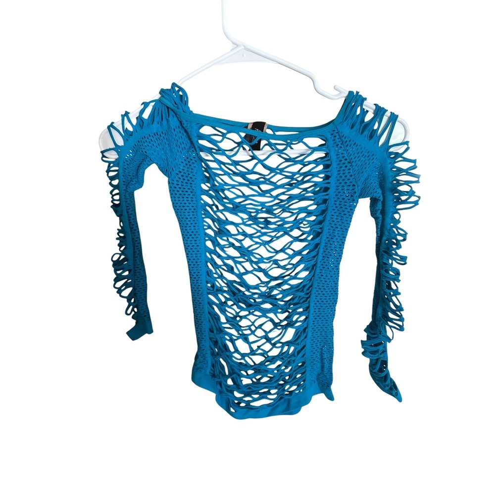 Y2K Anabel Connection Turquoise Blue Shredded Cut Out Long Sleeve Top One Size